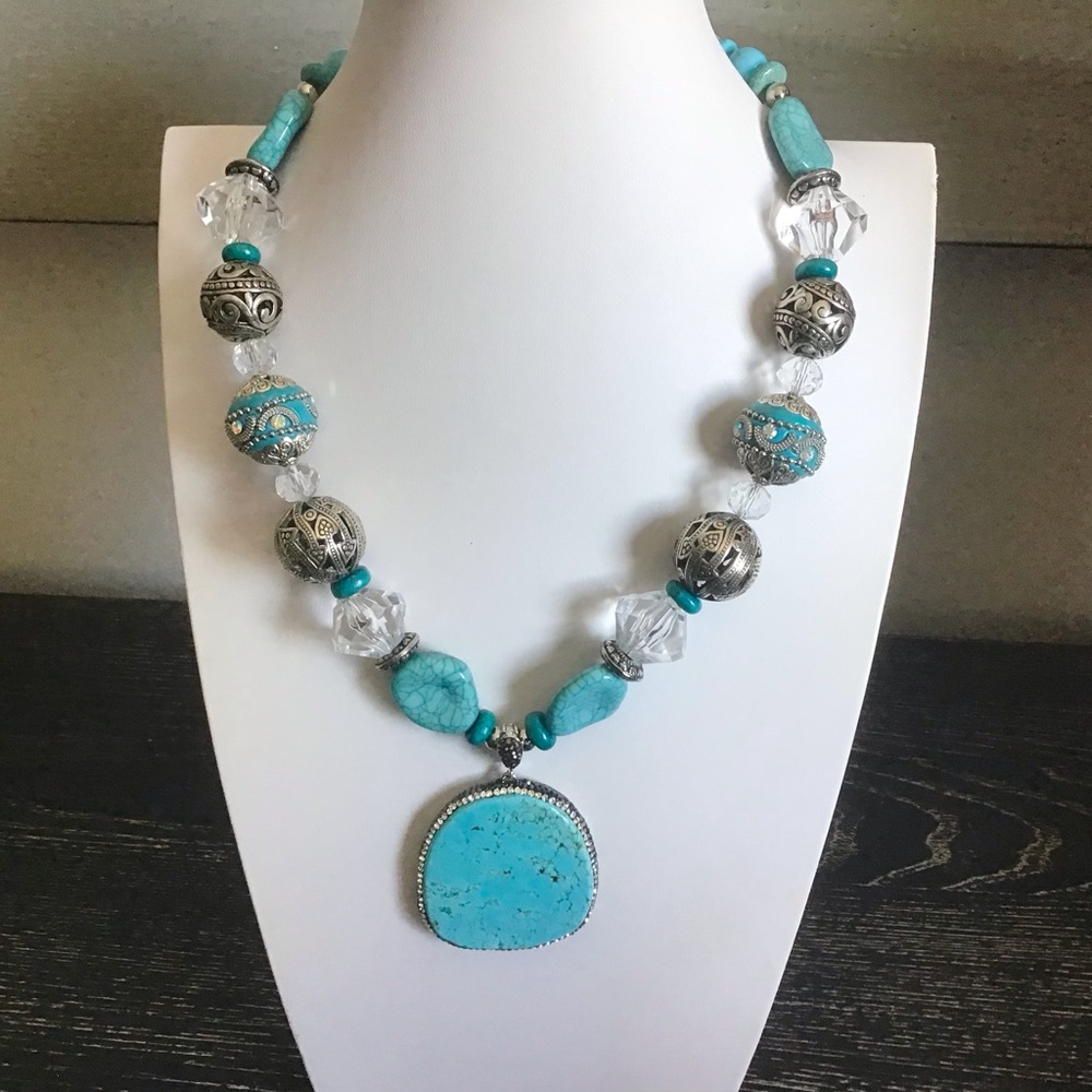 Turquoise Pendant and Silver Statement Necklace